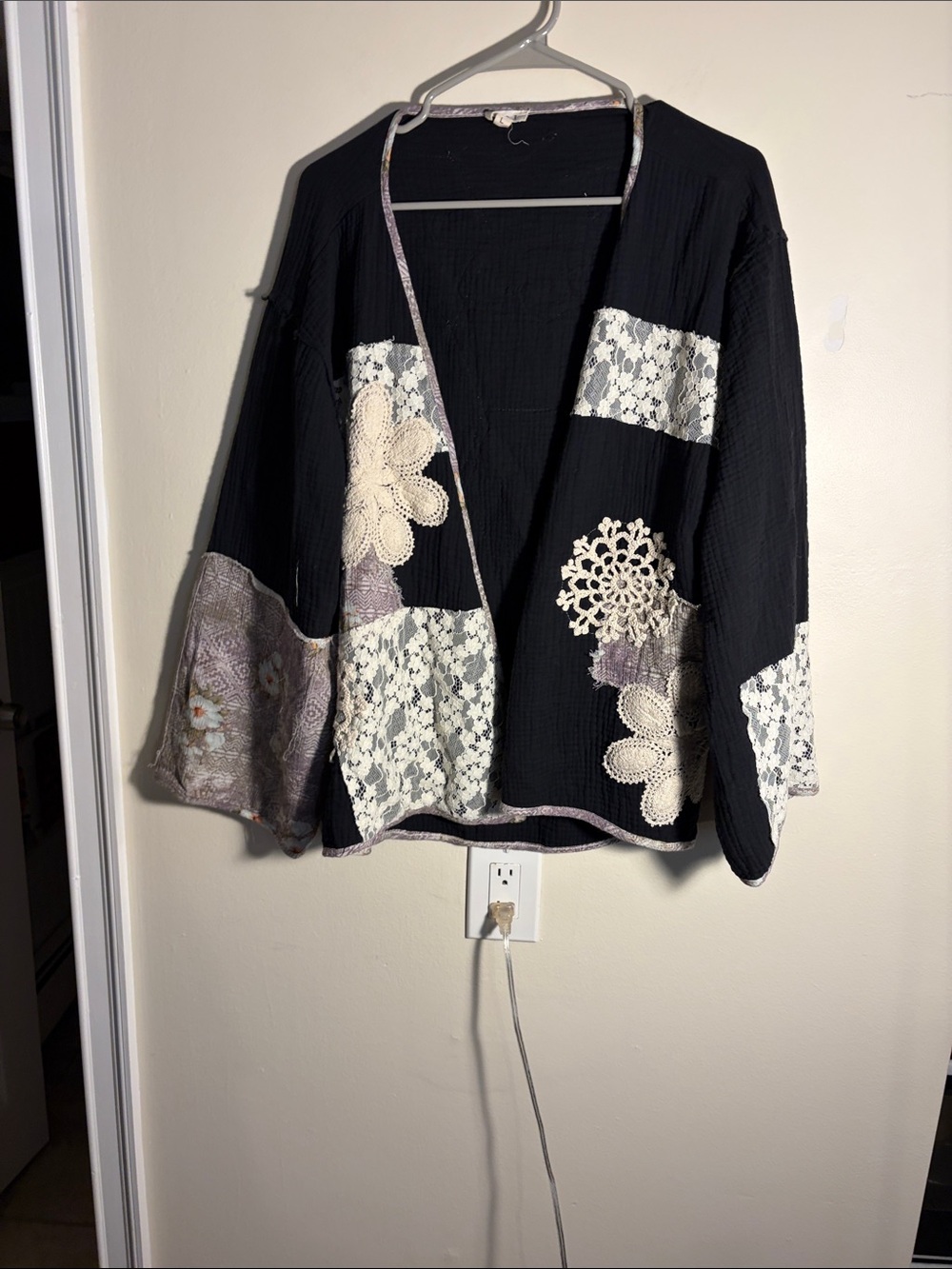 POL Black Lace Patchwork Open-Front Blazer with Cream Crochet Accents